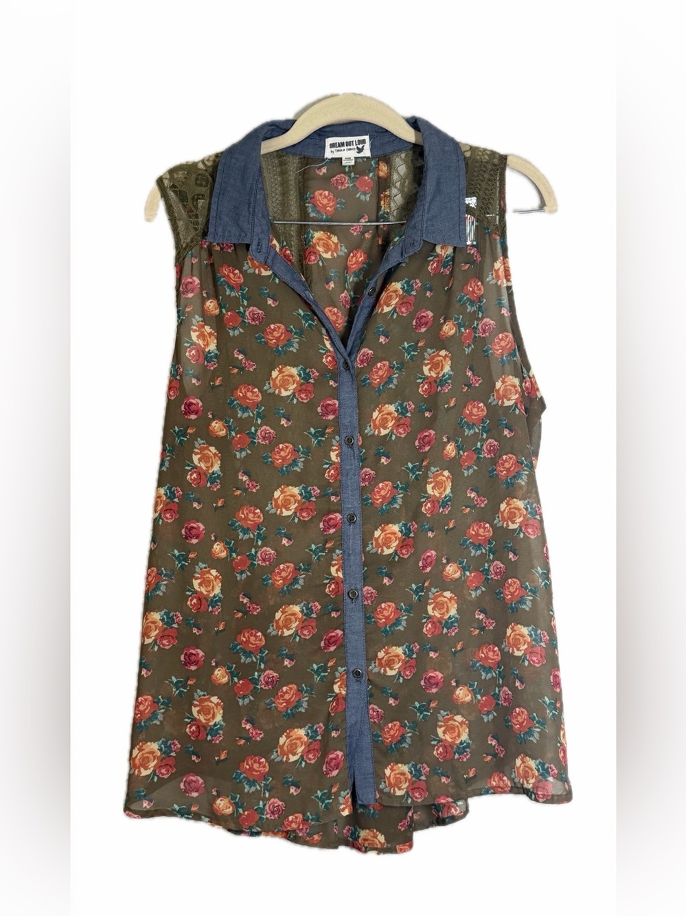 Selena Gomez Olive Floral Sleeveless Button-Front Top with Denim Trim